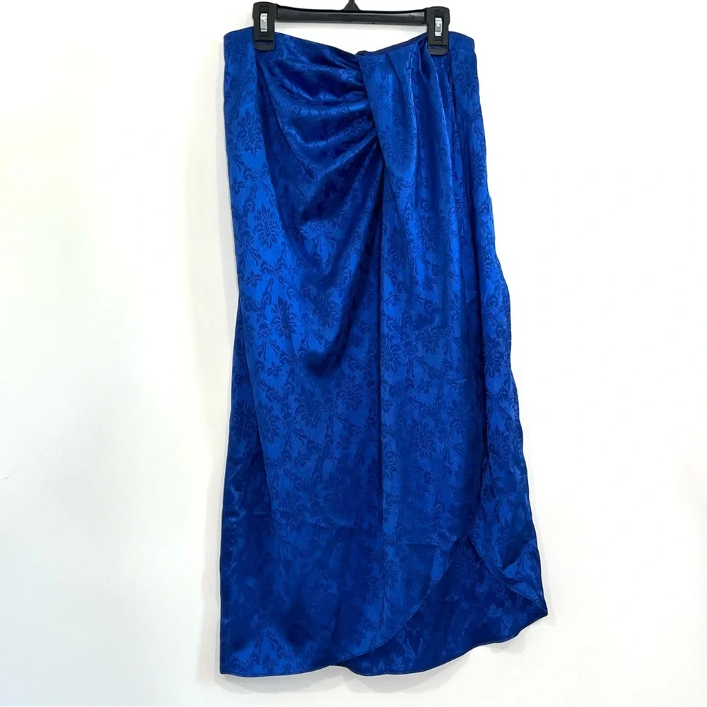 RONNY KOBO Miranda Royal Blue Draped Damask Print Jacquard Skirt